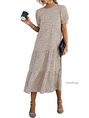 Women's Floral Midi Dress, Bohemian A-Line, Puff Short Sleeve, Flowy Swing Hem